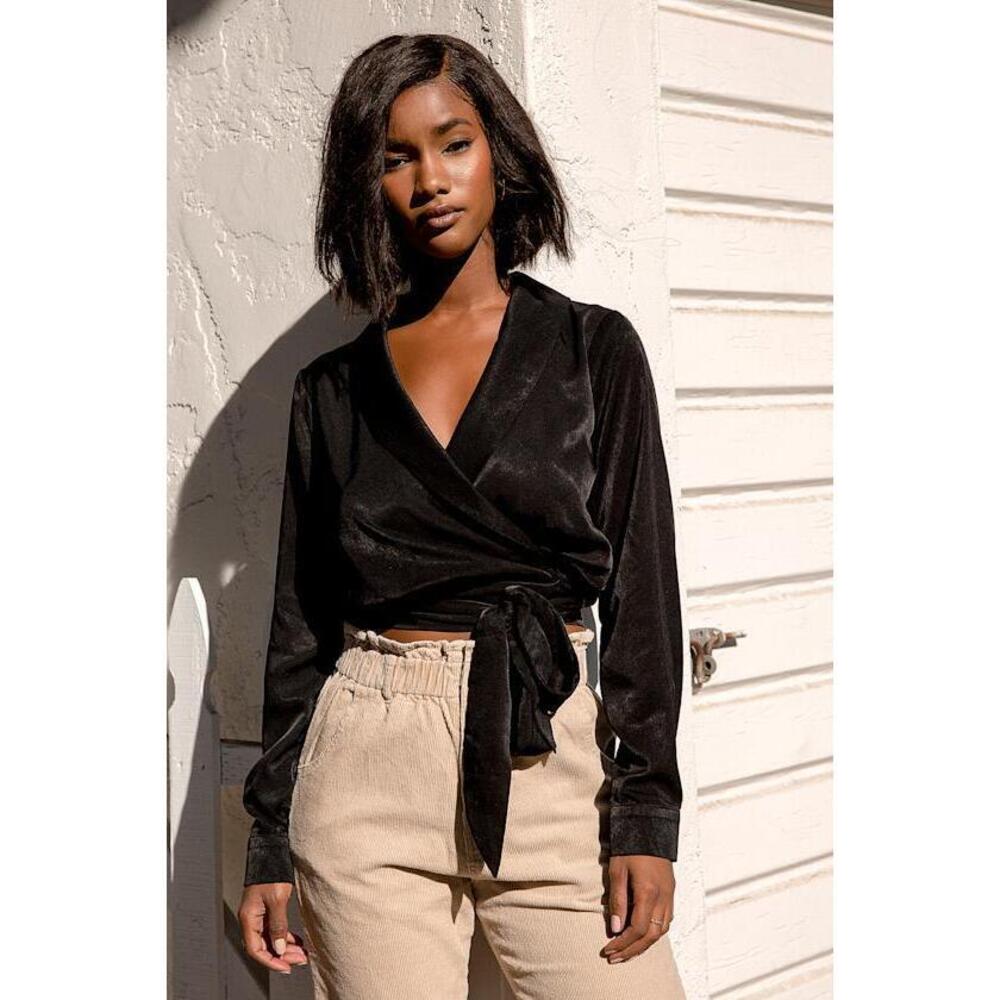 Lulus Beckham Black Satin Long Sleeve Wrap Top - Size S